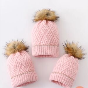 Pink Knit Beanie Hat with Faux Fur Pom